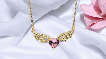 316 L Çelik  Kanat Figürlü Zirkon Taşlı 45 Cm Zincir Gold Renk Çelik Kolye