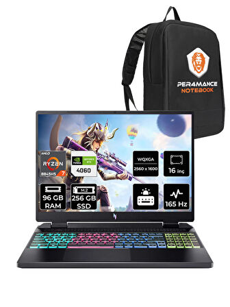 Acer Nitro 16 R7 8845HS 96GB 256GB SSD RTX4060/8GB 165Hz WQXGA 16" FDOS Gaming Laptop & PER4 ÇANTA