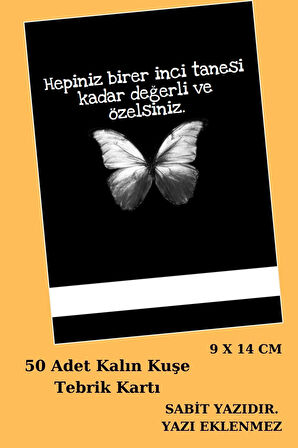 Siyah Kelebek | 50 Adet Hazır Tebrik Teşekkür Kartı - Kına Kartı - Makrome Kartı - SABİT YAZI 9x14cm