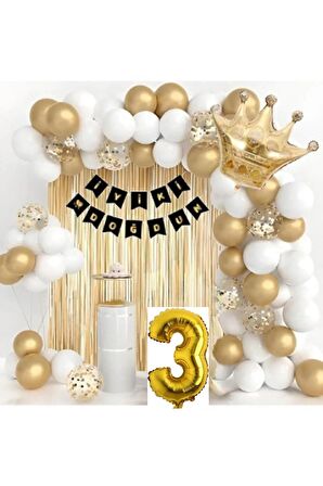 Kral Taçlı 3 Yaş Doğum Günü Gold Beyaz Balon Seti