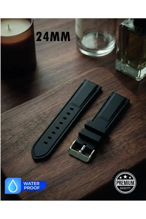 24mm Bombeli Premium Silikon Saat Kordonu | Yumuşak Kauçuk Spor & Klasik Uyumlu Kayış - Siyah