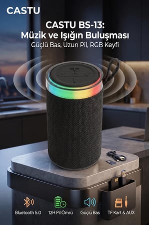 BS-13 RGB LED Işıklı Taşınabilir Bluetooth Hoparlör Yüksek Sesli Kablosuz Speaker AUX USB SD Kart Destekli Şarjlı
