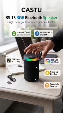 BS-13 RGB LED Işıklı Taşınabilir Bluetooth Hoparlör Yüksek Sesli Kablosuz Speaker AUX USB SD Kart Destekli Şarjlı