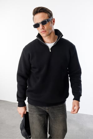 Unisex Sweatshirt Rahat Kesim Pamuklu Içi Polarlı Yarım Fermuarlı Dik Yaka Sweatshirt