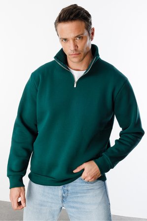 Unisex Sweatshirt Rahat Kesim Pamuklu Içi Polarlı Yarım Fermuarlı Dik Yaka Sweatshirt