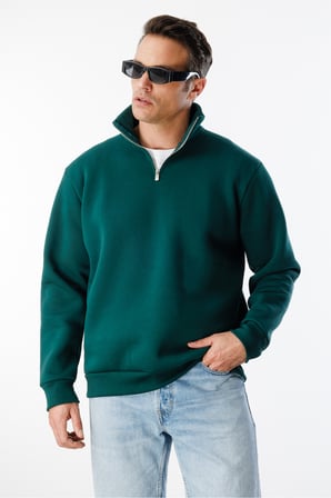 Unisex Sweatshirt Rahat Kesim Pamuklu Içi Polarlı Yarım Fermuarlı Dik Yaka Sweatshirt