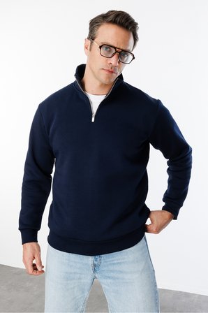 Unisex Sweatshirt Rahat Kesim Pamuklu Içi Polarlı Yarım Fermuarlı Dik Yaka Sweatshirt