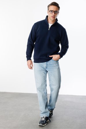 Unisex Sweatshirt Rahat Kesim Pamuklu Içi Polarlı Yarım Fermuarlı Dik Yaka Sweatshirt