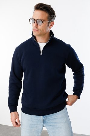 Unisex Sweatshirt Rahat Kesim Pamuklu Içi Polarlı Yarım Fermuarlı Dik Yaka Sweatshirt