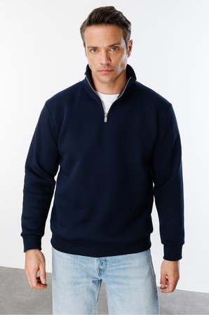Unisex Sweatshirt Rahat Kesim Pamuklu Içi Polarlı Yarım Fermuarlı Dik Yaka Sweatshirt
