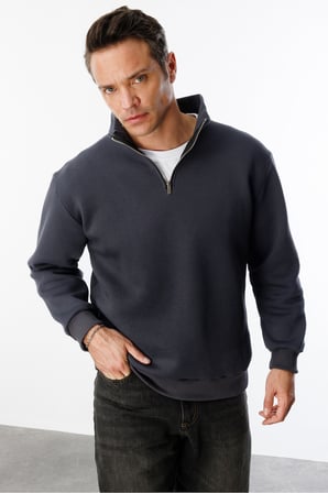 Unisex Sweatshirt Rahat Kesim Pamuklu Içi Polarlı Yarım Fermuarlı Dik Yaka Sweatshirt