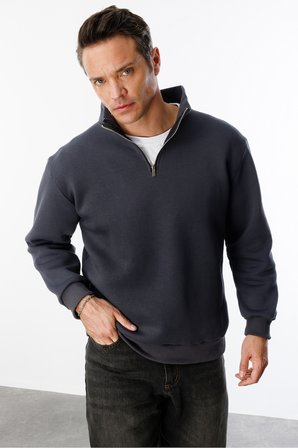 Unisex Sweatshirt Rahat Kesim Pamuklu Içi Polarlı Yarım Fermuarlı Dik Yaka Sweatshirt