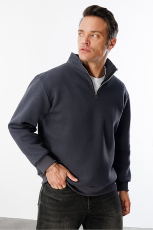Unisex Sweatshirt Rahat Kesim Pamuklu Içi Polarlı Yarım Fermuarlı Dik Yaka Sweatshirt
