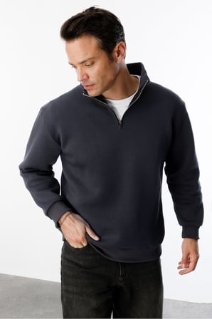 Unisex Sweatshirt Rahat Kesim Pamuklu Içi Polarlı Yarım Fermuarlı Dik Yaka Sweatshirt