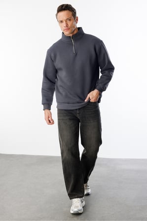 Unisex Sweatshirt Rahat Kesim Pamuklu Içi Polarlı Yarım Fermuarlı Dik Yaka Sweatshirt