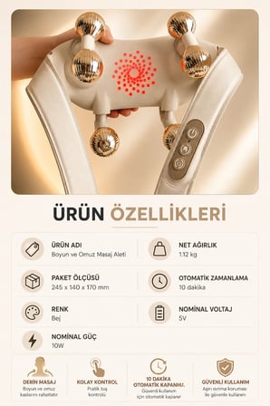 Boyun ve Omuz Masaj Aleti Isıtmalı Derin Doku Masaj Cihazı 6 Masaj Başlıklı Ergonomik Tasarım