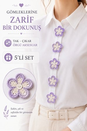 El Örgüsü Gömlek Ceket Aksesuarı 5'li Set Çiçek Broş Tak Çıkar Düğme için Süs Kadın Gömlek Hırka ceket Süsü Gözlük Tutucu Aksesuar