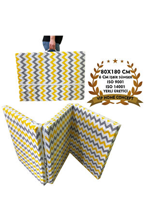 Katlanır Yer Yatağı Sünger Yatak Sarı Gri Zikzak 80x180 Cm-6 Cm Tek Kişilik
