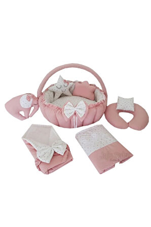 Nest Düz Pudra Tasarım Lüx Oyun Minderi Jaju-babynest Anne Yanı Bebek Yatağı 8 Parça Set