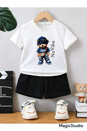 Beyaz Bisiklet Yaka Teddy NoVibe Baskılı Oversize T-shirt
