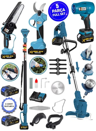 PROWACKERS Blues W-1200 5 Li Bahçe Seti Teleskop+Makas 17 Cm Testere Hava Üfleme Çim Biçme +4 Akülü