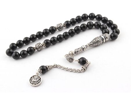 Onix Taşı Özel Kesim Tesbih 925 Ayar Gümüş Püsküllü 437s86