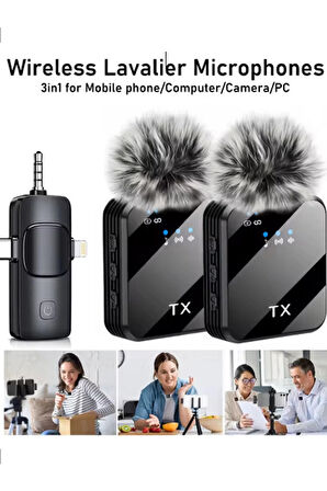 Yüksek Kalite Profesyonel 3 In 1 Kablosuz Taşınabilir Yaka Mikrofonu Tüylü