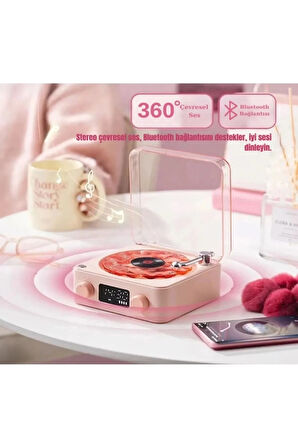 Waves Nostalji Plak Görünümlü Bluetooth Hoparlör 3d Ses Dalgası Retro Müzik Plak Pembe