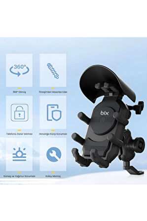 Ayna Bağlantılı Güneş Ve Yağmur Korumalı 360° Derece Ayarlanabilir Motosiklet Telefon Tutucu