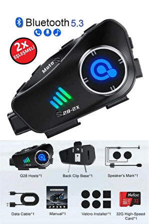 Q28 2x 2 Eşleşmeli Motosiklet Kask Bluetooth Kulaklık 1080p Kamera Su Geçirmez Intercom