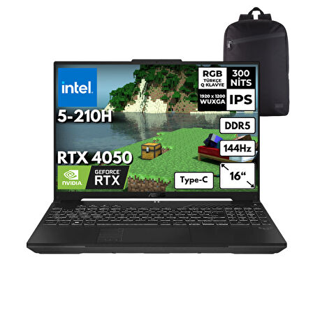 ASUS TUF F16 Intel 5-210H 16-GBDDR5 1 TBSSD RTX4050 (6GB-140W) 16" WUXGA 144Hz Windows 11 Pro + Sırt Çantası FX607VU-RL146HMF23