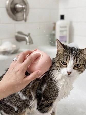 Pembe Şampuan Hazneli Kedi Köpek Yıkama Fırçası Yumuşak Silikon Banyo Aparatı