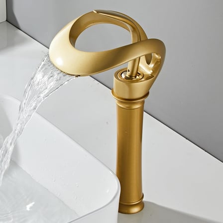 Lüks Gold Şelale Çanak Lavabo Bataryası Yüksek Gövde Tek Kollu Tezgah Üstü Pirinç Banyo Musluğu