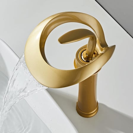 Lüks Gold Şelale Çanak Lavabo Bataryası Yüksek Gövde Tek Kollu Tezgah Üstü Pirinç Banyo Musluğu
