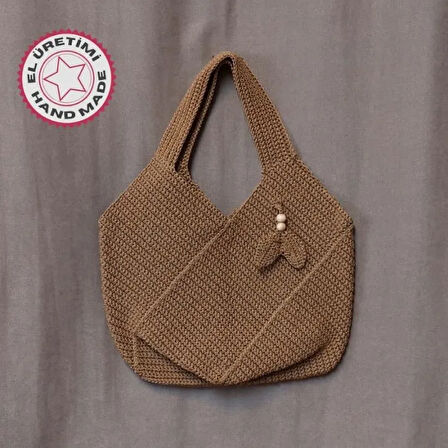 Uretti - Emine 9106 - 5065 El Örgüsü Ahşap Boncuk Detaylı Omuz Çantası - Açık Kahve
