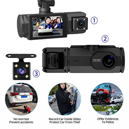 1080Full HD Akıllı Araç İçi Kamera Wifili Geniş Aç İç-Dış Geri Kamerası 3 Kameralı