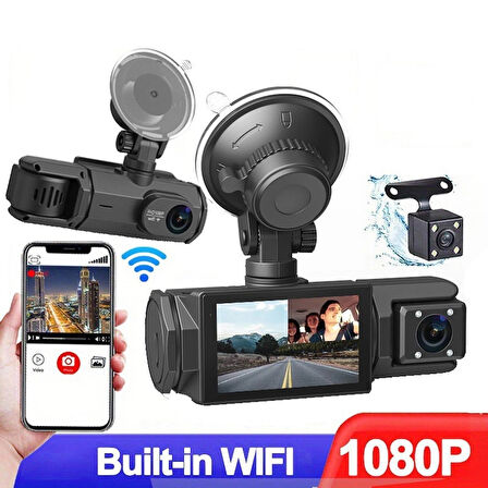 1080Full HD Akıllı Araç İçi Kamera Wifili Geniş Aç İç-Dış Geri Kamerası 3 Kameralı