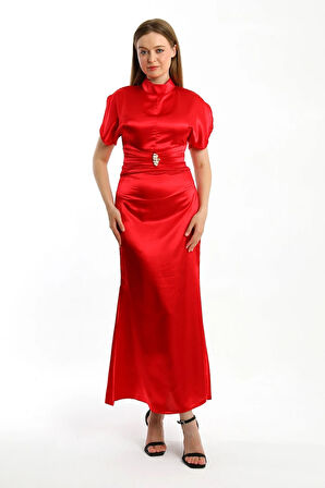 Zenera Uzun Saten Kumaş Elbise TNS-4334