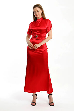 Zenera Uzun Saten Kumaş Elbise TNS-4334