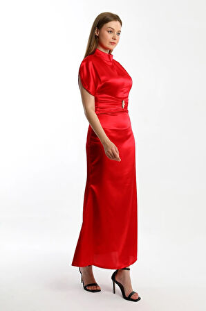 Zenera Uzun Saten Kumaş Elbise TNS-4334