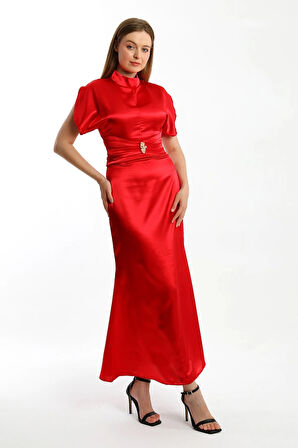 Zenera Uzun Saten Kumaş Elbise TNS-4334