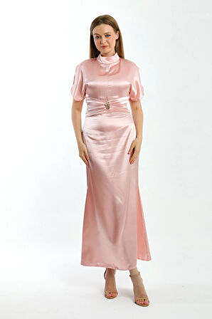 Zenera Uzun Saten Kumaş Elbise TNS-4334