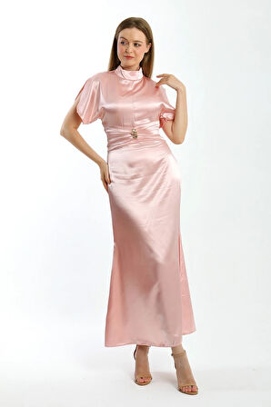 Zenera Uzun Saten Kumaş Elbise TNS-4334