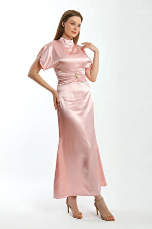 Zenera Uzun Saten Kumaş Elbise TNS-4334