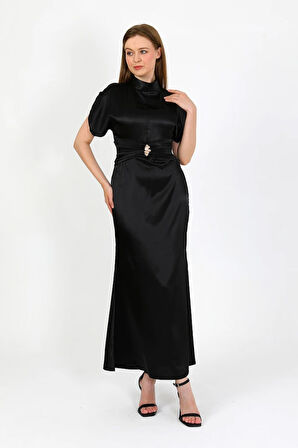 Zenera Uzun Saten Kumaş Elbise TNS-4334