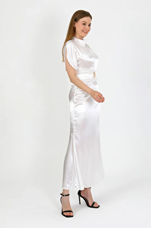 Zenera Uzun Saten Kumaş Elbise TNS-4334