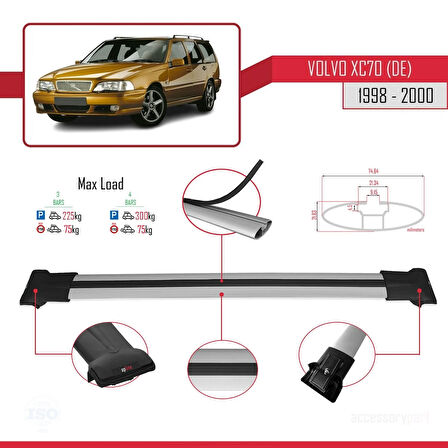 Volvo XC70 1998-2000 Arası ile Uyumlu FLY Model Ara Atkı Tavan Barı Gri 3 Adet