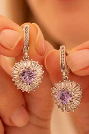 Kadın Gümüş Küpe - Kalp Model Mavi Topaz Taşlı Baget Süslemeli Rodyumlu Kadın Küpe