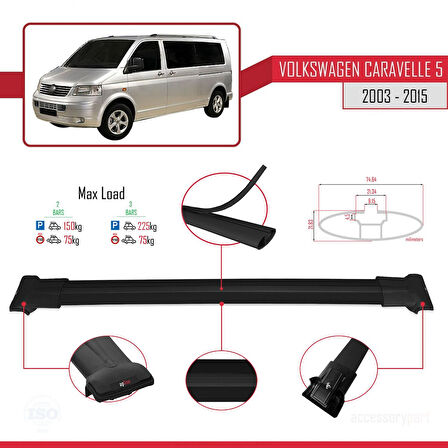 Volkswagen T5 Caravelle 2003-2015 Arası ile Uyumlu FLY Model Ara Atkı Tavan Barı Siyah 2 Adet