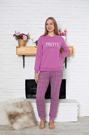 Kadın Bisiklet Yaka Bilek Manşet/Lastikli 2 İplik Cepli Kışlık Jogger Eşofman Pijama Takımı Homewear